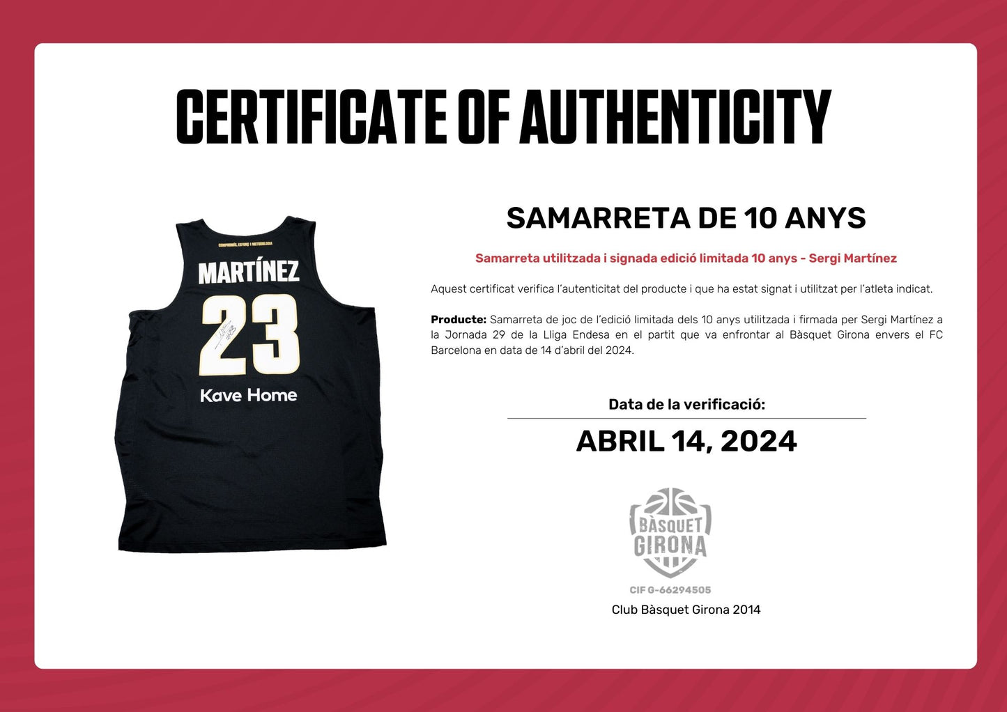 Sergi Martínez -  Samarreta signada 10 Anys